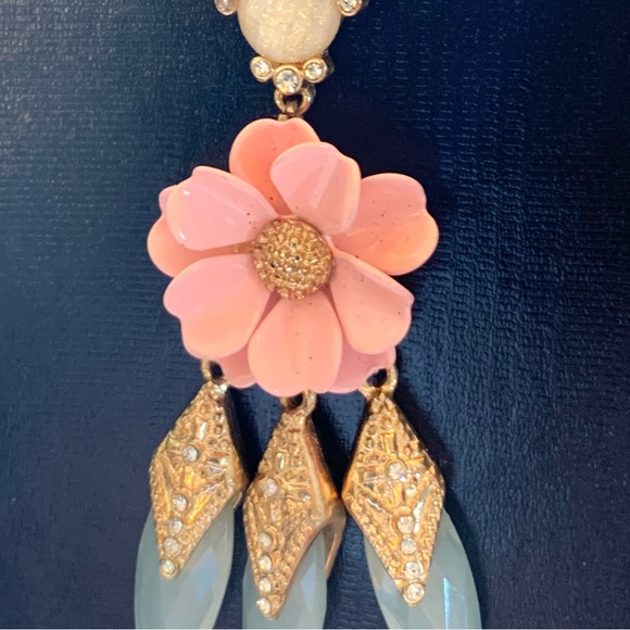 Pink Enamel Flower rhinestone Dangle Earrings chandelier 3” Tole Metal Flowers - Picture 5 of 10